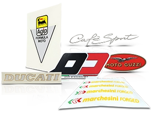 Motorcycle stickers and decal sets with brand logos such as Ducati, Moto Guzzi and Agip.